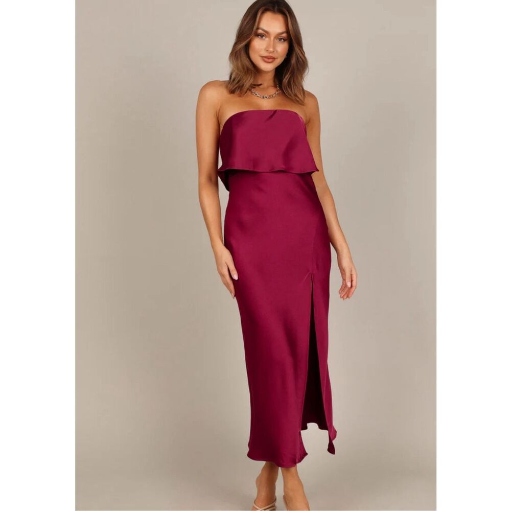 Petal & Pup Strapless Burgundy Midi Dress